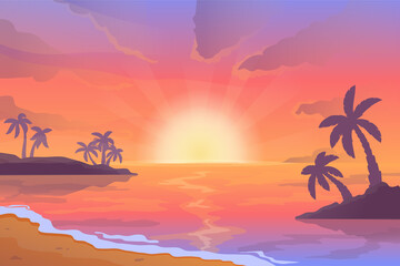 Sunset beach landscape. Cartoon scene with sunrise on sea coast wit palm trees silhouettes. Vector background