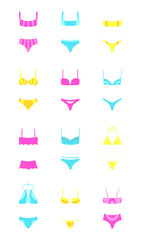 Set of 12 swimsuits. Summer isolated fashion swimsuit. Minimalistic simplified illustration. Vector. Swimsuit for beach. Two-piece swimsuits. Trendy color 2022. Color