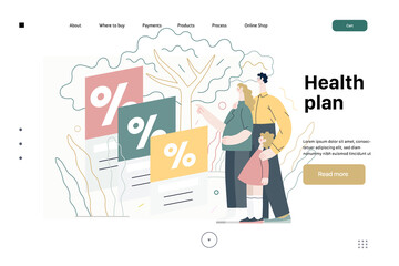 Health plans - medical insurance web template -modern flat vector concept digital illustration - a young family, expecting a baby with a kid choosing a health insurance plan