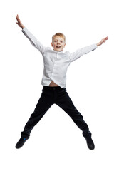 The boy is jumping. A guy in a white shirt and dark trousers. activity and movement. Isolated on white background. Vertical.