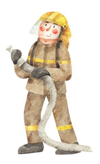 Watercolor illustration of fireman. Hand-drawn firefighter