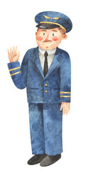 Watercolor illustration of pilot. Hand-drawn picture of man in uniform of pilot