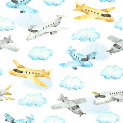 Watercolor seamless pattern with different planes and clouds. Hand-drawn texture with airplanes