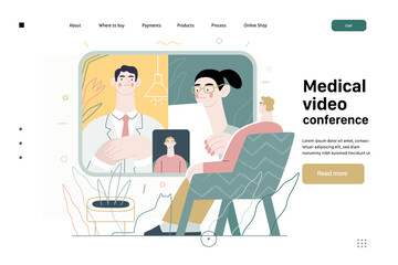 Medical video conference -medical insurance -online doctor service, telemedicine. Modern flat vector concept digital illustration -man at his home talking online with doctors, medical service metaphor