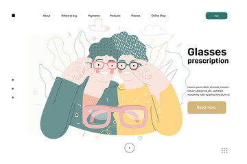 Opticians shop - medical insurance web template, advertising poster panel - modern flat vector concept digital illustration of a young couple wearing glasses - commercial banner illustration