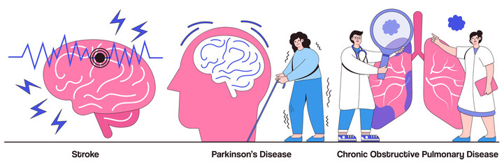 Stroke and parkinson disease tremor, chronic obstructive pulmonary disease concept with people character. Senior people illness vector illustration set. Headache, shortness of breath, first aid
