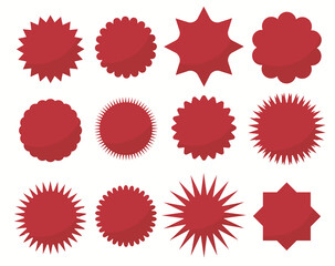 Red Shopping Labels collection. Sale or discount sticker. Special offer price tag. Supermarket promotional badge. Vector sunburst icon