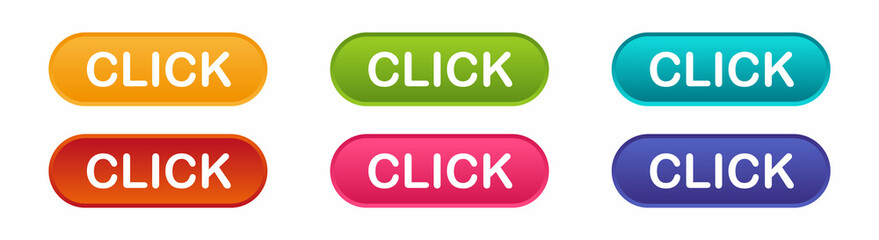 Click set colorful buttons isolated on white background. Click icon. web button. For web sites and banners design. Isolated on white background