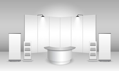 set of realistic trade exhibition stand or white blank exhibition kiosk or stand booth corporate commercial. eps vector