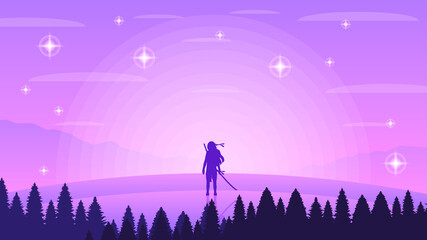 Abstract Background Ninja Warrior Moon Trees Person Light Silhouette Stars People Vector Design Style