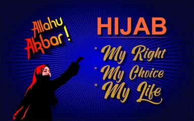 Vector Illustration of a Muslim Girl Struggling to Wear Hijab as her right, Translation Allahu Akbar means Allah is Great, with a dark blue background
