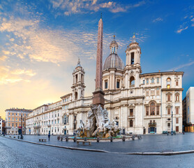 Fountain of the Four Rivers by the Church of Sant'Agnese by Bernini in Piazza Navona, Rome, Italy