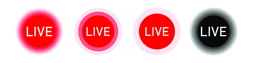 Set of live streaming icons. Red symbols and buttons of live streaming, broadcasting, online stream. Template for TV, shows, movies and live performances. Vector EPS 10