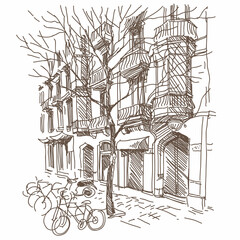 City building sketch hand drawn, vector illustration