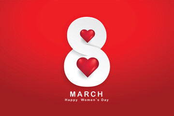 8 March. Women's day vector greeting card with Number 8 in the style of cut paper. and heart on red background. Applicable for web banner, flyer, cards and invitation.