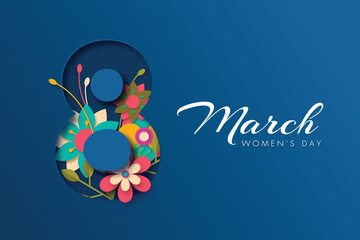 8 March greeting card for International Womens Day. 3d paper cut number 8 with paper cut style flowers , Blue turquoise background. Vector illustration.