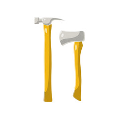 Wooden Axe and Wooden Hammer Flat Illustration. Clean Icon Design Element on Isolated White Background