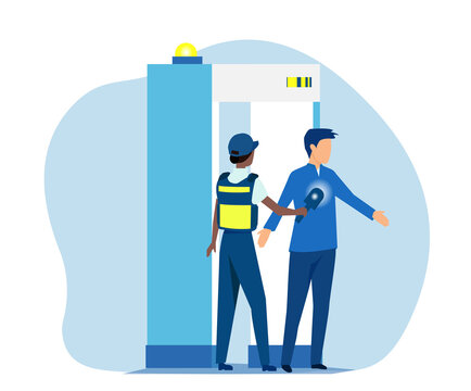 Vector Of An Airport Security Guard Checking Passenger With Metal Detector And Scanner.