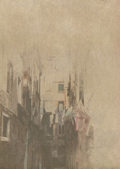 Digital watercolor sketch of a narrow Italian street with laundry hanging outside.