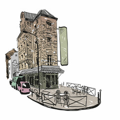 Cafe city sketch hand drawn, vector illustration