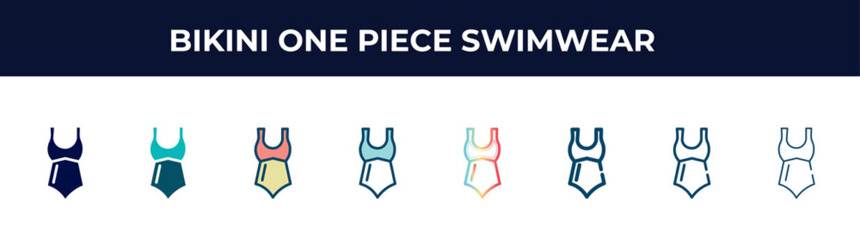 bikini one piece swimwear vector icon in 8 different modern styles. black, two colored bikini one piece swimwear icons designed in filled, glyph, outline, line, stroke and gradient styles. vector