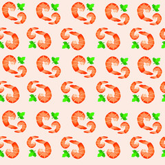 Seamless pattern of shrimps of different sizes and sprigs of parsley on a light pink background