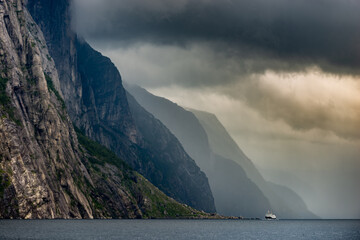 Car ferry in the distance Lysefjord as seen from lysebotn Norway Landscape