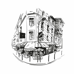 Grocery store, building sketch hand drawn, vector illustration