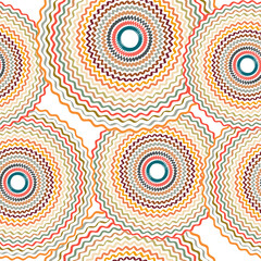 Ethnic ornament consisting of multi-colored zigzag circles on a beige background