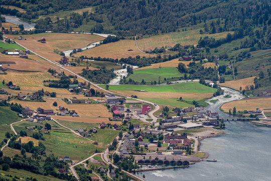 Arial view over Loen village in Norway.