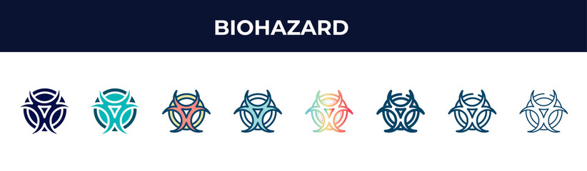 Fototapeta na wymiar biohazard vector icon in 8 different modern styles. black, two colored biohazard icons designed in filled, glyph, outline, line, stroke and gradient styles. vector illustration can be used for web,