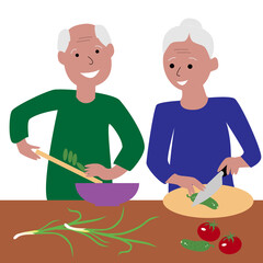 An elderly couple cooks a meal together.