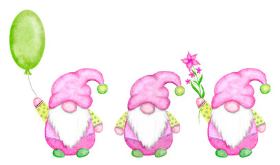 Watercolor hand drawn illsutation of Easter gnomes in cute kawaii pink and green clothes. Scandinavian nordic grnomes with flowers balloons bunny ears. Design for easter party invitations funny cards.