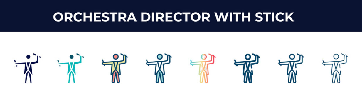 orchestra director with stick vector icon in 8 different modern styles. black, two colored orchestra director with stick icons designed in filled, glyph, outline, line, stroke and gradient styles.