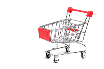 Empty grocery shopping cart. Isolated on white background.