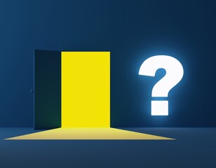 3D render illustration Door open with glow question mark. minimal concept Yellow light inside Blue wall with empty space for text. Symbol of new career opportunities, business ventures and initiative