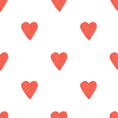 Scarlet hearts on a white background. Watercolor illustration seamless pattern for wedding.