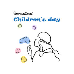 Happy children's day illustration. Cartoon little girl with rainbow bubbles isolated on white. Flat design for invitations, banners and greeting cards