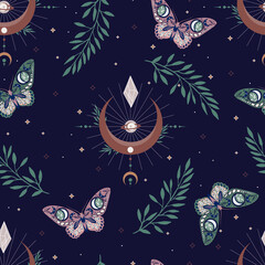 Vector illustration with moon moth and crescents. Contemporary composition. Trendy texture for print, textile, packaging.