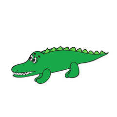 Cute friendly green crocodile with raised tail. Happy smiling alligator isolated on white background. Childish flat cartoon vector illustration