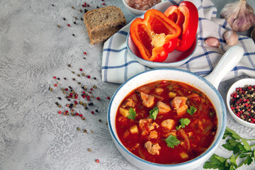 Hungarian goulash soup with paprika, spices and herbs. Traditional cuisine, national dish.