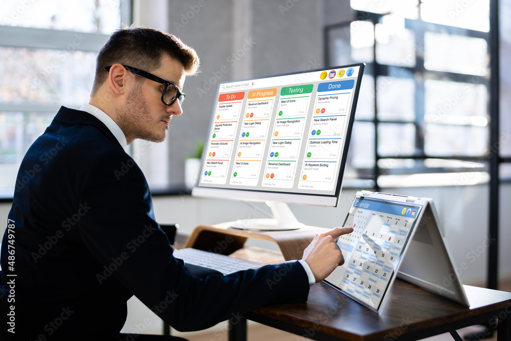 Poster Gantt Tasks Schedule Chart On Computer