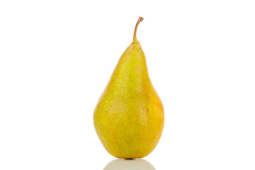 One sweet juicy pear, macro, isolated on a white background.