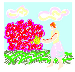 Flower care and watering.Concept of spring.
illustration of happy woman gardener with flowers in greenhouse.