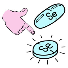 Micronutrient Se icon in doodle style. Icon capsule of Selenium. Thin line icon for website or package design, app development. Vector