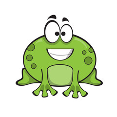 Cute smiling green frog, cartoon character isolated on white background