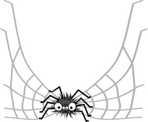 Funny big-eyed cartoon shaggy black spider and web isolated on white background