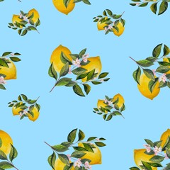 Watercolor pattern lemons and green branches
