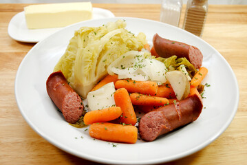 Delicious Boiled Dinner with Kielbasa, Carrots, Cabbage and Potatoes	