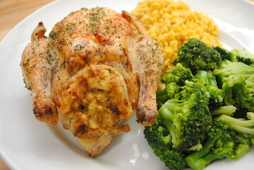 A Whole Stuffed Cornish Game  Hen with Fresh Side Dishes